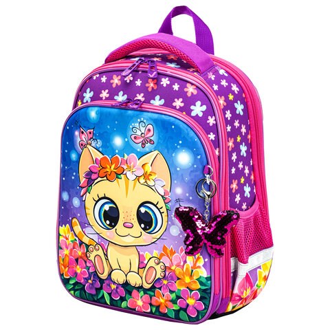 Ранец BRAUBERG QUADRO, 3 отделения, с брелком, "Charming kitten", 37х28х18 см, 270602 270602