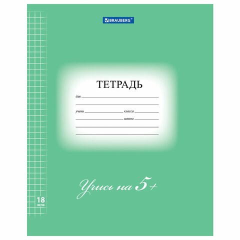 Тетрадь 18 л. BRAUBERG ЭКО "5-КА", клетка, обложка плотная мелованная бумага, ЗЕЛЕНАЯ, 402987 402987