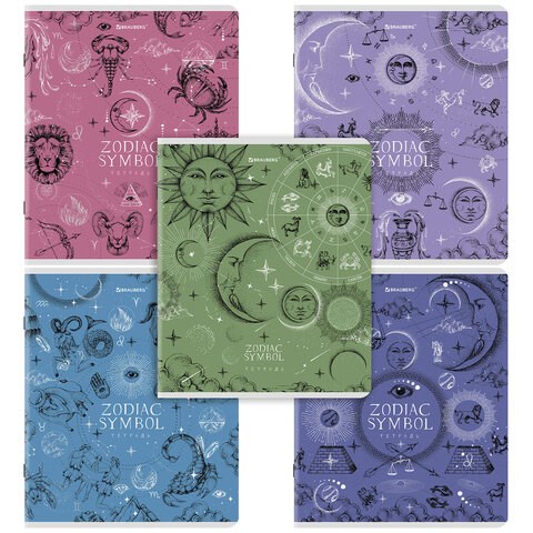 Тетрадь А5, 48 л., BRAUBERG, скоба, клетка, матовая ламинация, фольга, "Zodiac Symbol" (микс в спайке), 404369 404369