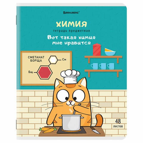Тетрадь предметная "КОТ-ЭНТУЗИАСТ" 48 л., TWIN-лак, ХИМИЯ, клетка, подсказ, BRAUBERG, 404567 404567
