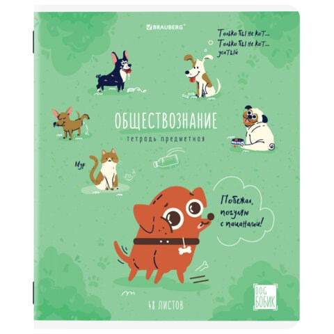 Тетрадь предметная DOG БОБИК 48 л., TWIN-лак, ОБЩЕСТВОЗНАНИЕ, клетка, подсказ, BRAUBERG, 404783 404783