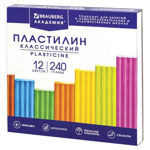Пластилин классический BRAUBERG "АКАДЕМИЯ КЛАССИЧЕСКАЯ", 12 цветов, 240 г, СТЕК, ВЫСШЕЕ КАЧЕСТВО, 106423 106423