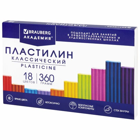 Пластилин классический BRAUBERG "АКАДЕМИЯ КЛАССИЧЕСКАЯ", 18 цветов, 360 г, СО СТЕКОМ, 106509 106509