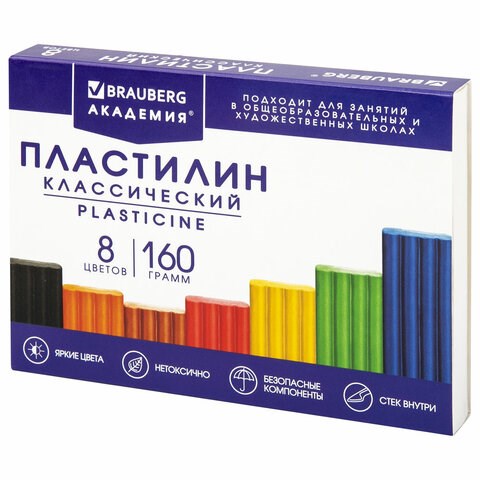 Пластилин классический BRAUBERG "АКАДЕМИЯ КЛАССИЧЕСКАЯ", 8 цветов, 160 г, стек, ВЫСШЕЕ КАЧЕСТВО, 106500 106500