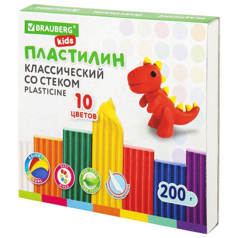 Пластилин классический BRAUBERG KIDS, 10 цветов, 200 г, со стеком, 106504 106504