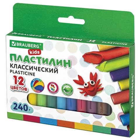 Пластилин классический BRAUBERG KIDS, 12 цветов, 240 г, ВЫСШЕЕ КАЧЕСТВО, 105873 105873