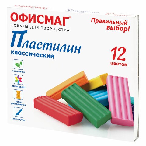 Пластилин классический ОФИСМАГ, 12 цветов, 240 г, СО СТЕКОМ, 106677 106677