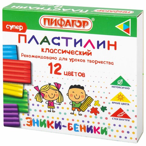 Пластилин классический ПИФАГОР "ЭНИКИ-БЕНИКИ СУПЕР", 12 цветов, 120 г, стек, 106505 106505