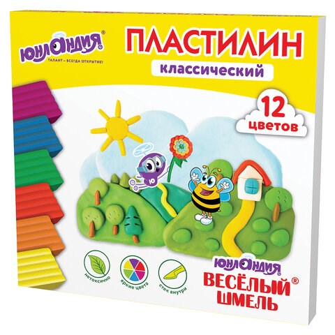 Пластилин классический ЮНЛАНДИЯ "ВЕСЁЛЫЙ ШМЕЛЬ", 12 цветов, 240 грамм, стек, ВЫСШЕЕ КАЧЕСТВО, 106431 106431