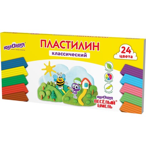 Пластилин классический ЮНЛАНДИЯ "ВЕСЁЛЫЙ ШМЕЛЬ", 24 цвета, 480 грамм, стек, ВЫСШЕЕ КАЧЕСТВО, 106433 106433