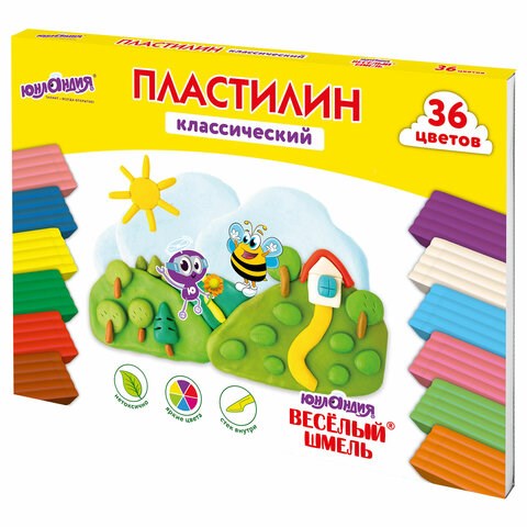 Пластилин классический ЮНЛАНДИЯ "ВЕСЁЛЫЙ ШМЕЛЬ", 36 цветов, 720 грамм, СО СТЕКОМ, ВЫСШЕЕ КАЧЕСТВО, 106434 106434