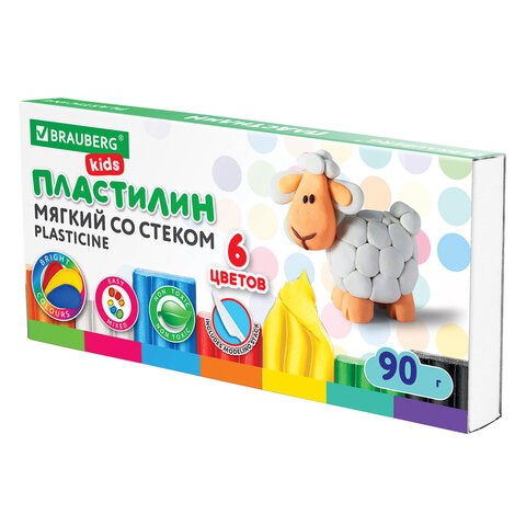 Пластилин мягкий восковой BRAUBERG KIDS, 6 цветов, 90 г, со стеком, 106493 106493