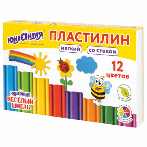 Пластилин мягкий ЮНЛАНДИЯ "ВЕСЕЛЫЙ ШМЕЛЬ", 12 цветов, 180 г, СО СТЕКОМ, 106672 106672