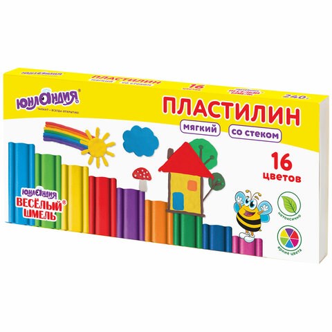 Пластилин мягкий ЮНЛАНДИЯ "ВЕСЕЛЫЙ ШМЕЛЬ", 16 цветов, 240 г, СО СТЕКОМ, 106673 106673