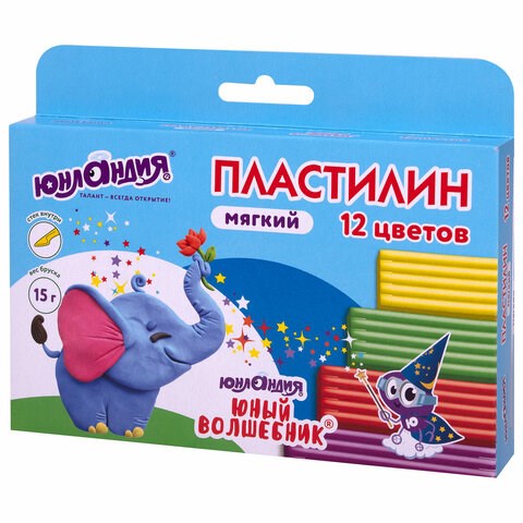 Пластилин мягкий ЮНЛАНДИЯ "ЮНЫЙ ВОЛШЕБНИК", 12 цветов 180 г, СО СТЕКОМ, ВЫСШЕЕ КАЧЕСТВО, европодвес, 106439 106439