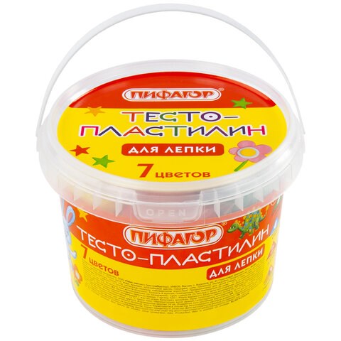 Пластилин на растительной основе (тесто для лепки) ПИФАГОР, 7 цветов, 420 г, пластиковое ведро, 104545 104545