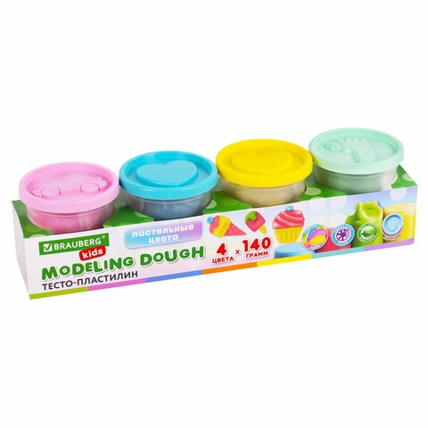 Пластилин-тесто для лепки BRAUBERG KIDS, 4 цвета, 560 г, пастельные цвета, крышки-штампики, 106717 106717
