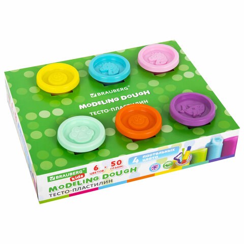 Пластилин-тесто для лепки BRAUBERG KIDS, 6 цветов, 300 г, 10 формочек, шприц, стек, крышки-штампики, 106719 106719