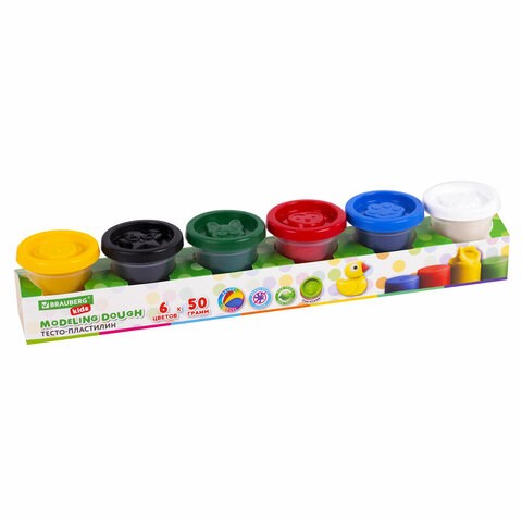 Пластилин-тесто для лепки BRAUBERG KIDS, 6 цветов, 300 г, яркие классические цвета, крышки-штампики, 106718 106718