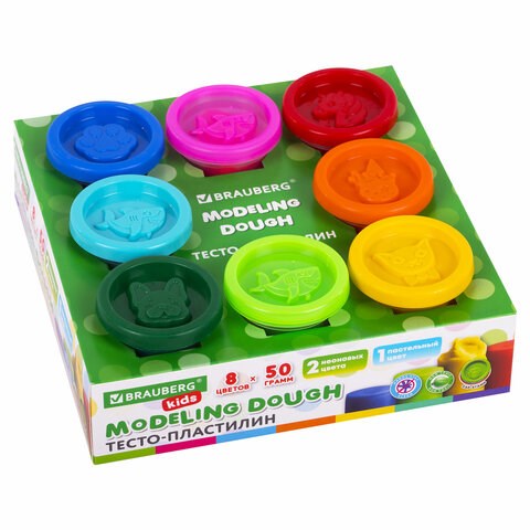 Пластилин-тесто для лепки BRAUBERG KIDS, 8 цветов, 400 г, яркие классические цвета, крышки-штампики, 106720 106720