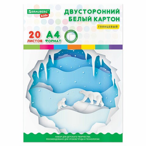 Картон белый А4 МЕЛОВАННЫЙ (белый оборот), 20 листов, в папке, BRAUBERG KIDS, 203х283 мм, 115160 115160
