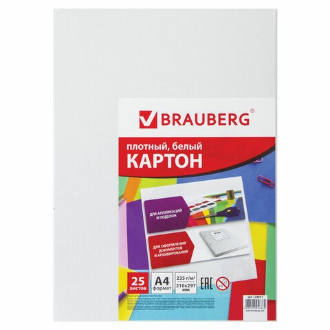Картон белый А4 МЕЛОВАННЫЙ (белый оборот), 25 листов, BRAUBERG, 210х297 мм, 124021 124021