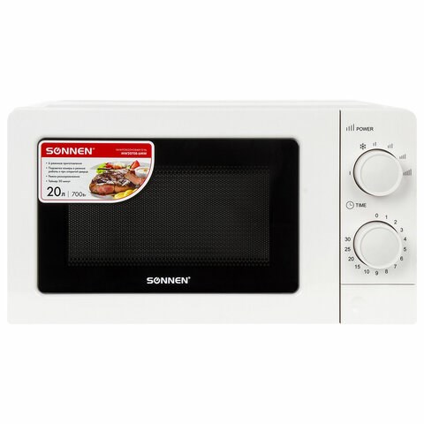 Микроволновая печь SONNEN MW2070B-6MW, 20 л, 700 Вт, таймер, механическое управление, белая, 454651 454651