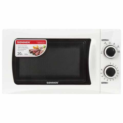 Микроволновая печь SONNEN MW2070H-6MW, 20 л, 700 Вт, таймер, механическое управление, белая, 454652 454652