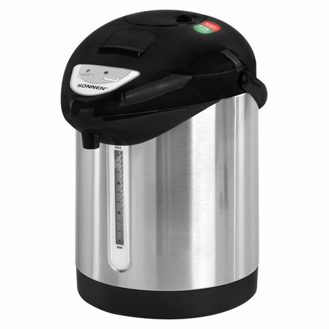 Термопот SONNEN TP-28, 3 л, 900 Вт, 1 температурный режим, ручной насос, сталь, черный/серебро, 456712 456712