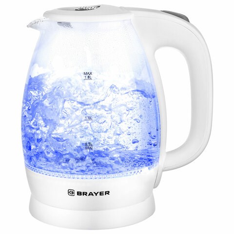 Чайник BRAYER BR1013WH, 1,8 л, 2200 Вт, закрытый нагревательный элемент, стекло, белый 456056
