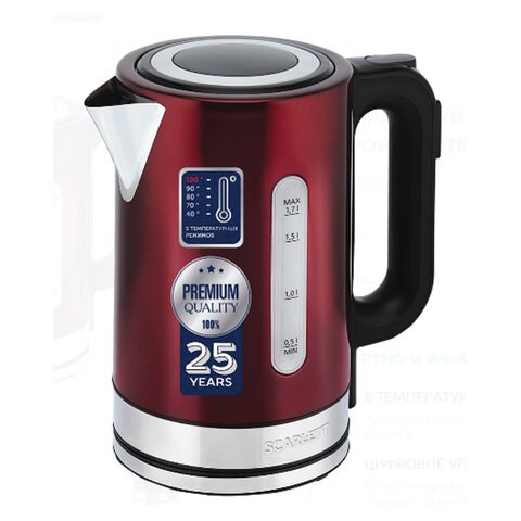 Чайник SCARLETT SC-EK21S78, 1,7 л, 2200 Вт, закрытый нагревательный элемент, ТЕРМОРЕГУЛЯТОР, сталь, бордовый 455908