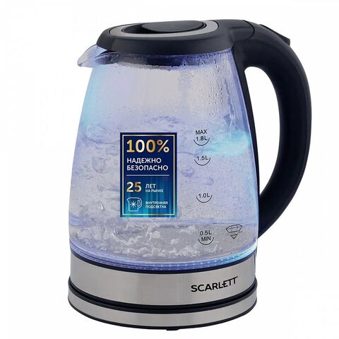 Чайник SCARLETT SC-EK27G88, 1,8 л, 1800 Вт, закрытый нагревательный элемент, стекло, черный 457207