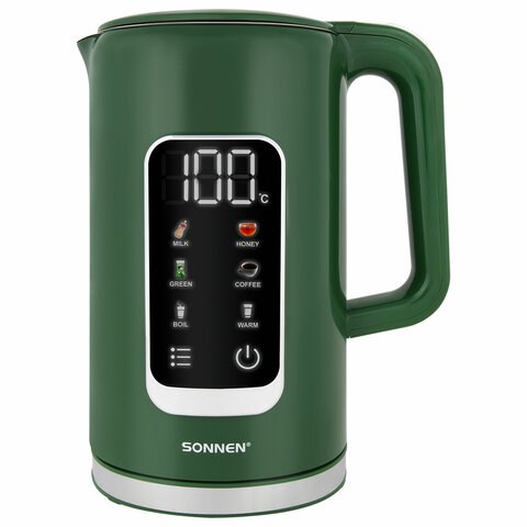 Чайник с терморегулятором и дисплеем, ДВОЙНЫЕ СТЕНКИ, SONNEN KT-8723EG, 1,7 л, 2200 Вт, изумрудный, 454689 454689