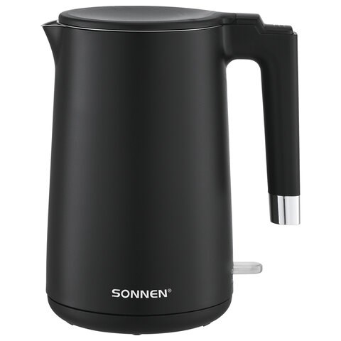Чайник электрический с двойными стенками SONNEN KT-8719B, 1,5 л, 2200 Вт, черный, 454692 454692