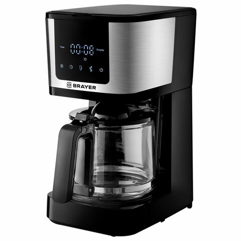Кофеварка капельная BRAYER BR1125, 900 Вт, объем 1,25 л, LED-дисплей, термокружка в ПОДАРОК, черная 456901