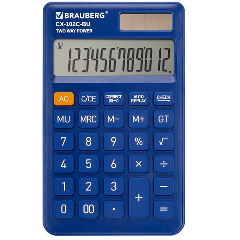 Калькулятор карманный BRAUBERG CX-102C-BU (76x126 мм), 12 разрядов, двойное питание, СИНИЙ, 272648 272648
