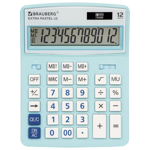 Калькулятор настольный BRAUBERG EXTRA PASTEL-12-LB (206x155 мм), 12 разрядов, двойное питание, ГОЛУБОЙ, 250486 250486
