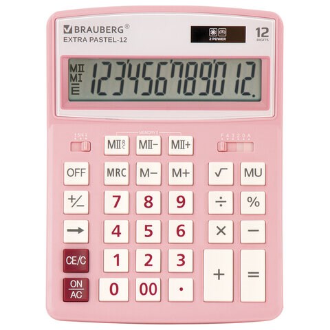 Калькулятор настольный BRAUBERG EXTRA PASTEL-12-PK (206x155 мм), 12 разрядов, двойное питание, РОЗОВЫЙ, 250487 250487