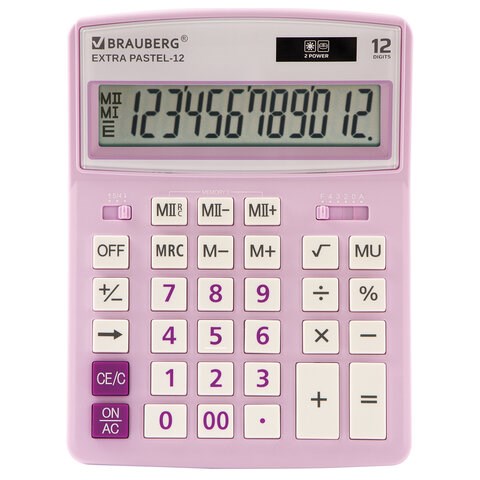 Калькулятор настольный BRAUBERG EXTRA PASTEL-12-PR (206x155 мм), 12 разрядов, двойное питание, СИРЕНЕВЫЙ, 250489 250489