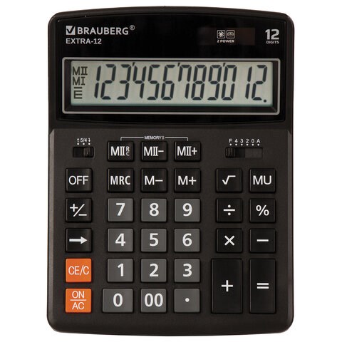 Калькулятор настольный BRAUBERG EXTRA-12-BK (206x155 мм), 12 разрядов, двойное питание, ЧЕРНЫЙ, 250481 250481