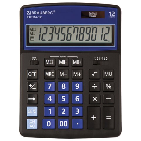 Калькулятор настольный BRAUBERG EXTRA-12-BKBU (206x155 мм), 12 разрядов, двойное питание, ЧЕРНО-СИНИЙ, 250472 250472