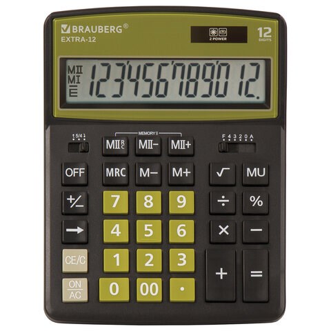 Калькулятор настольный BRAUBERG EXTRA-12-BKOL (206x155 мм), 12 разрядов, двойное питание, ЧЕРНО-ОЛИВКОВЫЙ, 250471 250471