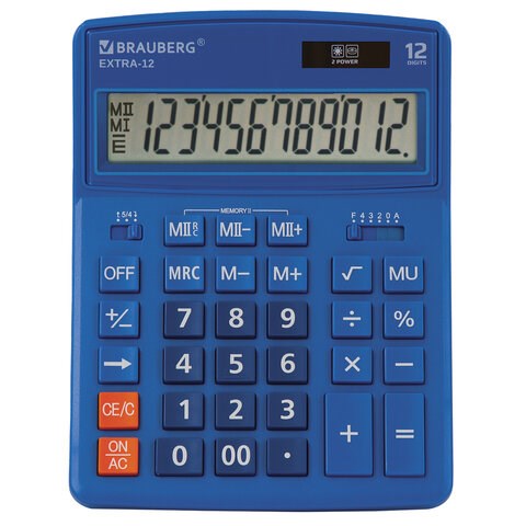 Калькулятор настольный BRAUBERG EXTRA-12-BU (206x155 мм), 12 разрядов, двойное питание, СИНИЙ, 250482 250482