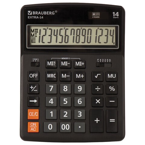 Калькулятор настольный BRAUBERG EXTRA-14-BK (206x155 мм), 14 разрядов, двойное питание, ЧЕРНЫЙ, 250474 250474