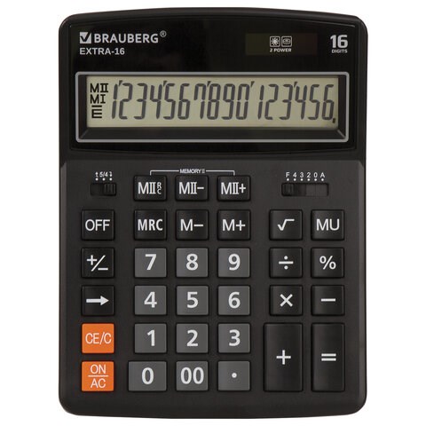 Калькулятор настольный BRAUBERG EXTRA-16-BK (206x155 мм), 16 разрядов, двойное питание, ЧЕРНЫЙ, 250475 250475