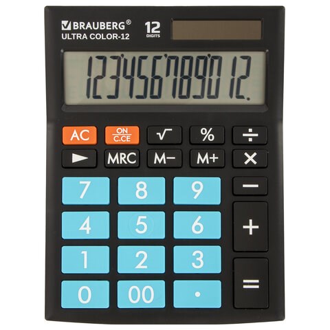 Калькулятор настольный BRAUBERG ULTRA COLOR-12-BKBU (192x143 мм), 12 разрядов, двойное питание, ЧЕРНО-ГОЛУБОЙ, 250497 250497