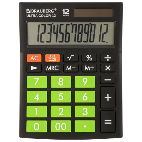Калькулятор настольный BRAUBERG ULTRA COLOR-12-BKLG (192x143 мм), 12 разрядов, двойное питание, ЧЕРНО-САЛАТОВЫЙ, 250498 250498