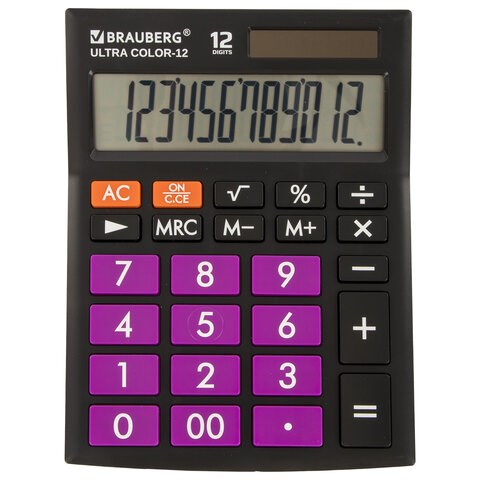 Калькулятор настольный BRAUBERG ULTRA COLOR-12-BKPR (192x143 мм), 12 разрядов, двойное питание, ЧЕРНО-ФИОЛЕТОВЫЙ, 250501 250501