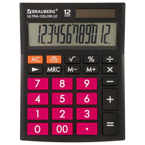 Калькулятор настольный BRAUBERG ULTRA COLOR-12-BKWR (192x143 мм), 12 разрядов, двойное питание, ЧЕРНО-МАЛИНОВЫЙ, 250500 250500