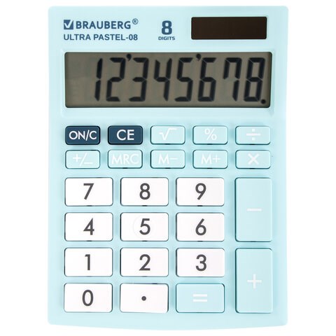 Калькулятор настольный BRAUBERG ULTRA PASTEL-08-LB, КОМПАКТНЫЙ (154x115 мм), 8 разрядов, двойное питание, ГОЛУБОЙ, 250513 250513